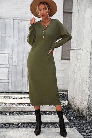 Army green textured knit henley midi dress with button detail and long sleeves.