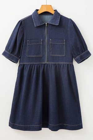 Dark denim mini dress with puff sleeves, zip front, and chest pockets.