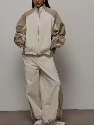 Color Block Zip Up Outerwear And Pants Set in Grey, back view