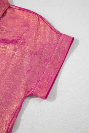 Dusty pink metallic oversized button-down blouse with short sleeves and a folded cuff.