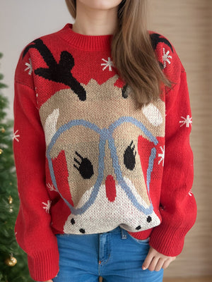 Red acrylic reindeer graphic festive knit sweater with snowflake details.