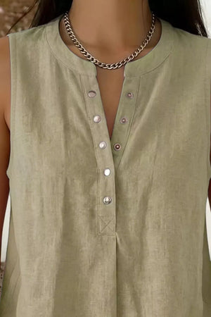 Sleeveless taupe polyester shirt with snap-down placket and band collar.