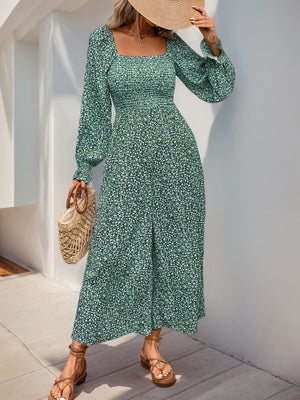 Green floral print square neck long sleeve dress with smocked waist and front slit