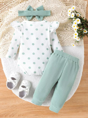 Children's Ruffled Polka Dot Bodysuit And Pants Set in Light Green, fabric detail