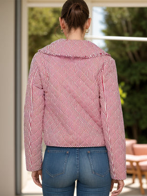 Puffer jacket in deep red with white pinstripes and quilted diamond pattern, featuring a piped collar.