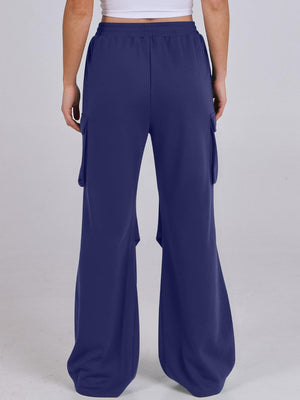 Royal blue cargo pocket drape wide leg sweatpants with elastic waist.