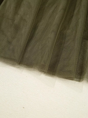 Army green tulle midi skirt with a-line cut and gathered detail