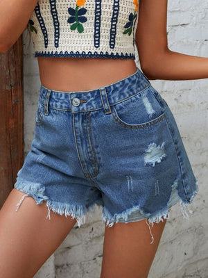 Distressed denim shorts, medium wash, frayed hem, buttoned, cotton, women's casual boho style.