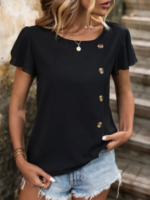Black asymmetric button-down blouse with flutter sleeves and round neckline