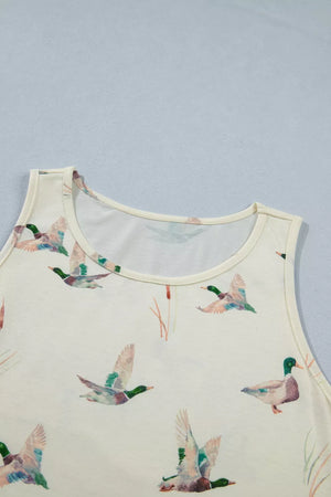 Cream tank top with mallard duck print and cattail accents.