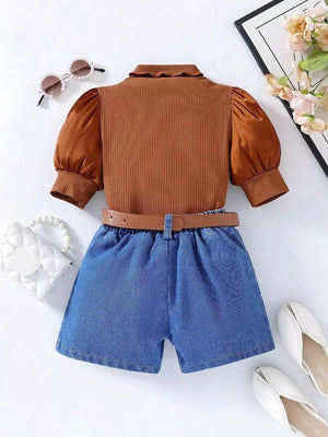 Children's Puff Sleeve Top And Denim Shorts Set, side view
