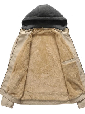 Plus size faux-leather hooded jacket in earthy yellow with plush sherpa lining and grey hood.