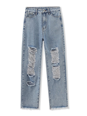 Light wash denim jeans with shredded knee detail and frayed hem.