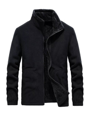 Black fleece lined full zip jacket with stand collar and visible zipper detail.