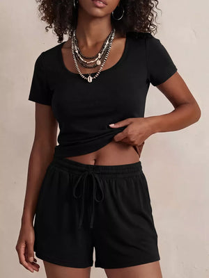 Black scoop-neck tee and drawstring shorts set