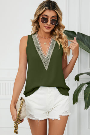 Dark Green V-neck tank top with lace trim detail.