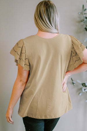 Khaki eyelet flutter sleeve tee with round neckline.
