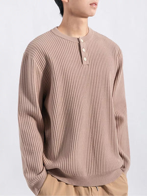 Men's ribbed knit top in apricot with button detail and crew neck.
