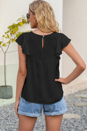 Black ruffle sleeve blouse with embroidered yoke detail and keyhole back.