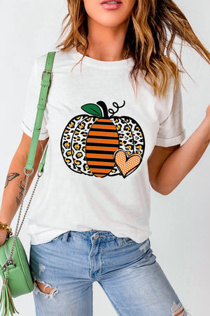 White t-shirt with a leopard print pumpkin graphic and orange stripes.