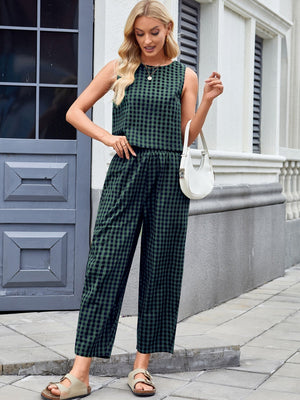 Gingham cropped tank and wide leg pants set in army green, sleeveless, crew neck, elastic waist pants.