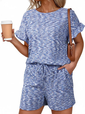 Blue ruffled sleeve two-piece set with drawstring shorts and textured fabric.