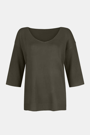 Flared sleeve v-neck knit top in Gum Leaf with ribbed sleeves.