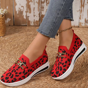 Red leopard print mesh slip-on shoes with gold buckle detail.