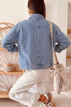Studded Zipper Rivet Pockets Denim Jacket, model styling view