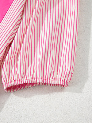 Button-down mini dress with pink and white stripes, puff sleeves, and cinched cuffs.