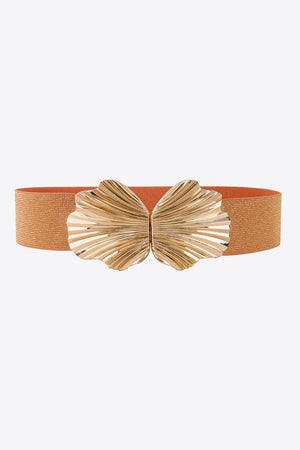 Caramel elastic belt with a sculpted gold butterfly buckle.
