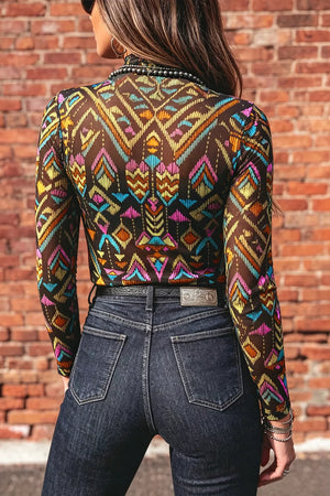 Abstract Print Long Sleeve Mesh Top, model styling view