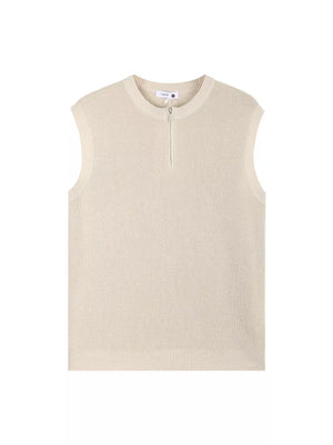 Textured knit men's tank top in apricot with quarter-zip neckline.