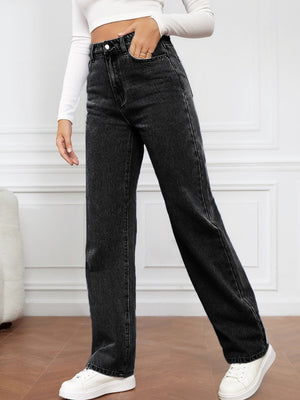 Black wide-leg denim jeans with a sculpted waist and button closure.