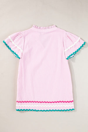 Blush pink striped blouse with ruffled mock neck, flutter sleeves, and scalloped trim details.