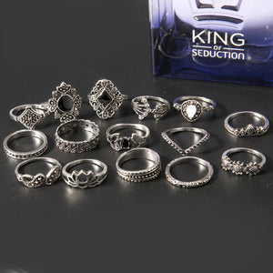 Bohemian silver rings with intricate designs, including lotus and geometric patterns.
