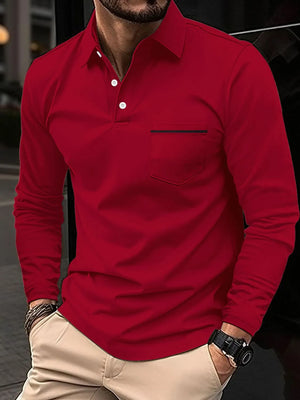 Burgundy long-sleeve polo shirt with chest pocket and black trim detail.
