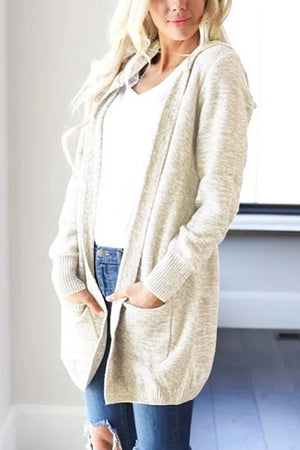 Beige heathered knit open cardigan with hood and pockets, acrylic material.