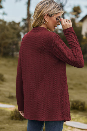 Burgundy textured open-front drape cardigan with long sleeves and a mock neck.