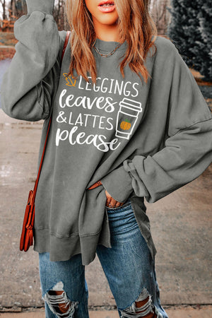 Dark gray graphic sweatshirt with "Leggings Leaves & Lattes Please" text and coffee cup graphic.
