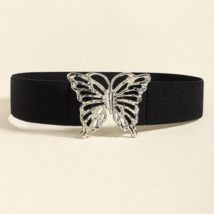 Black elastic belt with silver butterfly buckle detail
