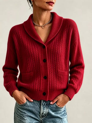 Full Size Shawl Collar Cable Knit Cardigan in White, close-up detail