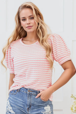 Blush pink striped textured top with puff sleeves and a crew neck.
