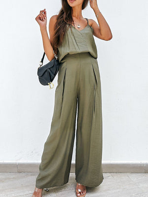 Matcha green pleated palazzo pants and cami set with wide legs.