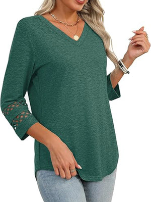 Dark green 3/4 sleeve t-shirt with V-neck and cutout detail on sleeves.