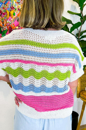 Scalloped crochet tee with ruffle sleeves in stripe pattern, featuring white, green, blue, and pink colorblock.