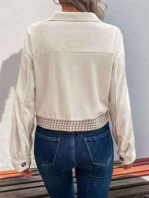 Beige corduroy jacket with houndstooth panel detail and button cuffs
