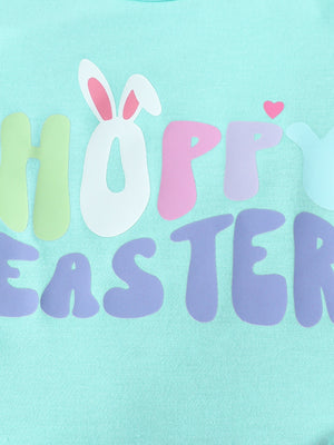 Lake blue cotton bodysuit with "Happy Easter" graphic and bunny ears.