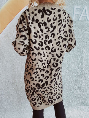 Leopard knit mini dress in caramel with a bold print and crew neck.