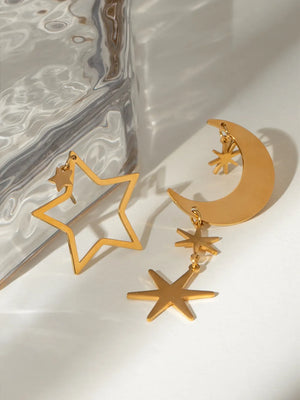Gold star and moon drop earrings with star accents, 18K gold-plated.